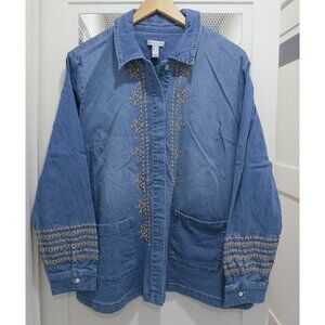Canyon Retreat Blue Jean Jacket Shacket L Large Embroidered Dessert Boho Cotton